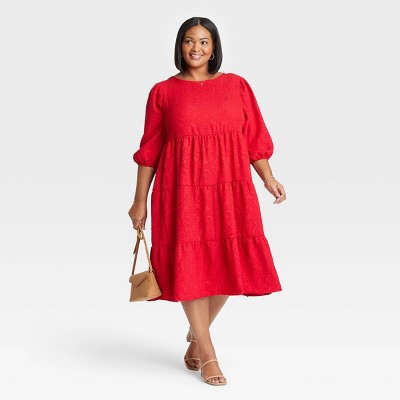 Size Puff 3/4 Sleeve Tiered Dress - Ava ...